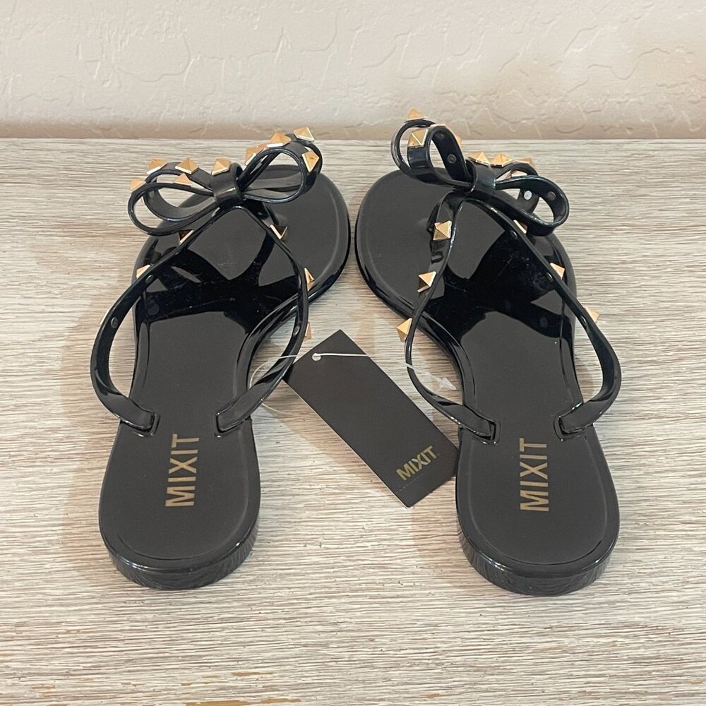 New Mixit Sandals 6 Black Gold Stud Bow Ribbon Thong Beach Pool NWT Rockstud - Picture 6 of 7